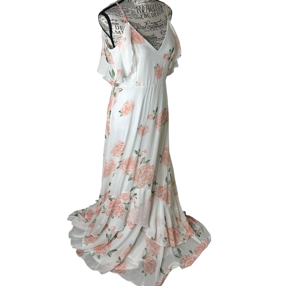Lulus Maxi Dress M White Floral Cold Shoulder Ruffle